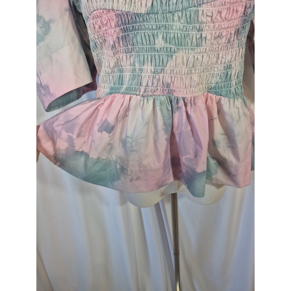 GANNI Pink Printed Cotton Puff Sleeve Smocked Top EU 38 US 6 - Picture 5 of 10